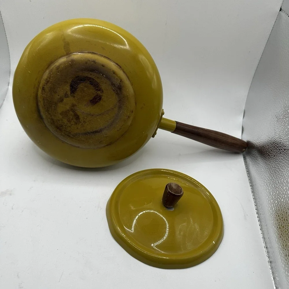 Vintage Enameled Metal Walnut Wood Handle Yellow Green Fondue Pot MCM